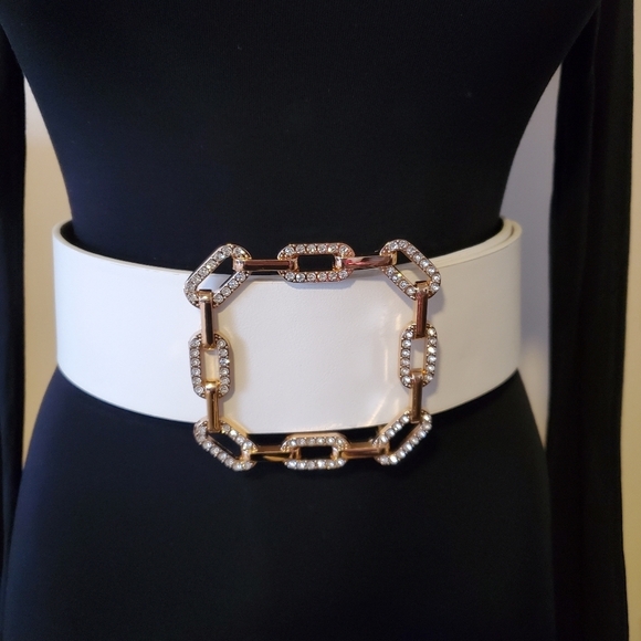 White Faux Leather Rhinestones Wide Buckle Belt - Picture 2 of 5